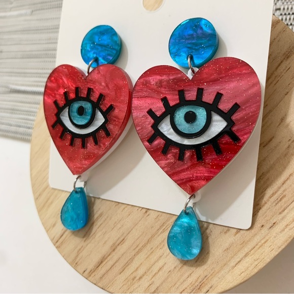 🔥 S O L D Evil Eye Love Heart Statement Earrings - Deep Red - Acrylic - Picture 2 of 9